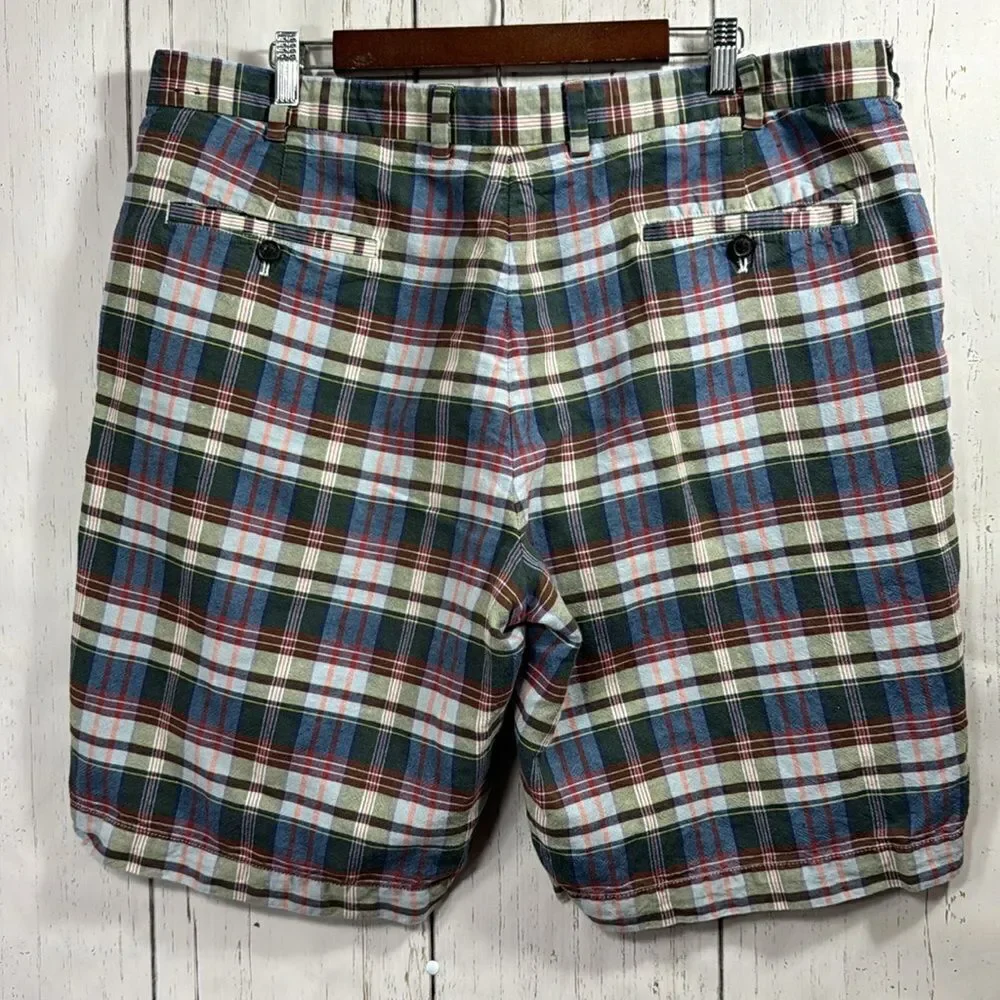 Brooks Brothers Mens Linen Blend Chino Flat Front Plaid Casual Pockets